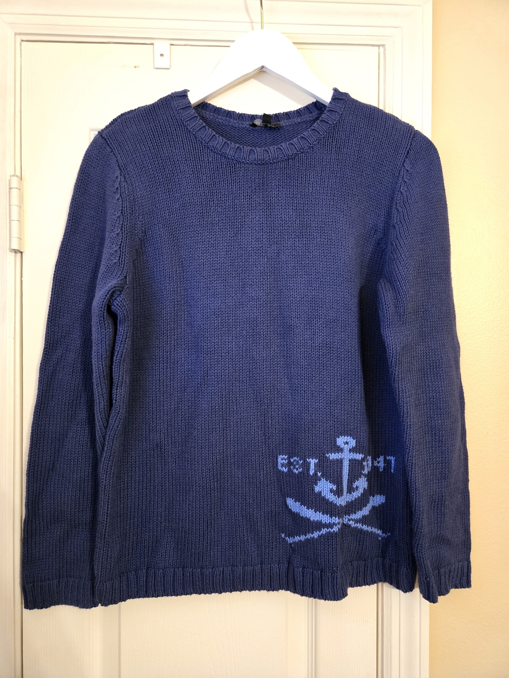 Talbots Blue Cotton Crewneck Sweater with Light Blue Anchor Size Large Petite